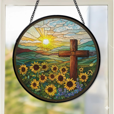 Attrape-soleil en vitrail avec tournesol et croix, décoration florale chrétienne d'intérieur, cadeau de pendaison de crémaillère attentionné - 20 x 20 cm