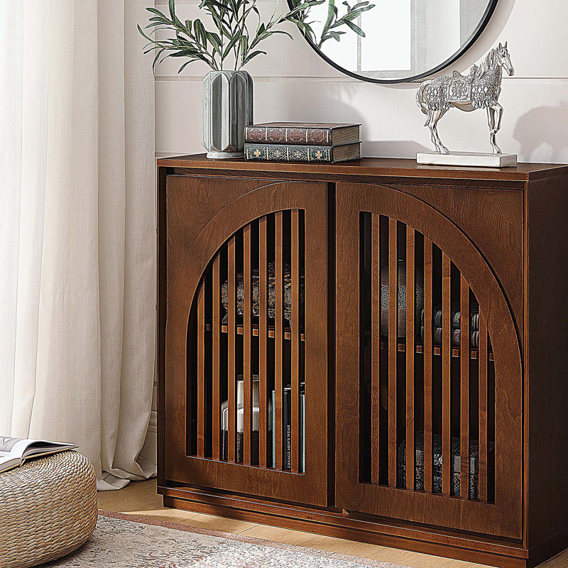 Mid Century Modern Fluted Sideboard Cabinet, Buffet Cabinet with Storage, Narrow Side Cabinet Accent Cabinet, Walnut