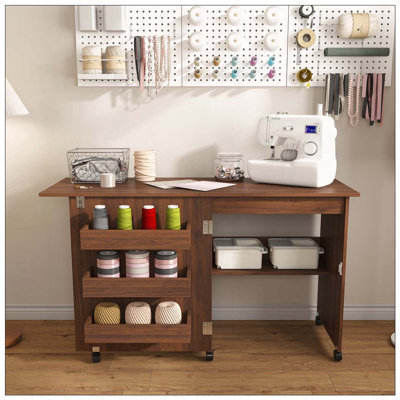 4-in-1 Folding Sewing Table with Lockable Wheels – Multi-Functional Craft Station, End Table, Computer Desk & Kitchen Storage with Shelves, Rolling Sewing Machine Table