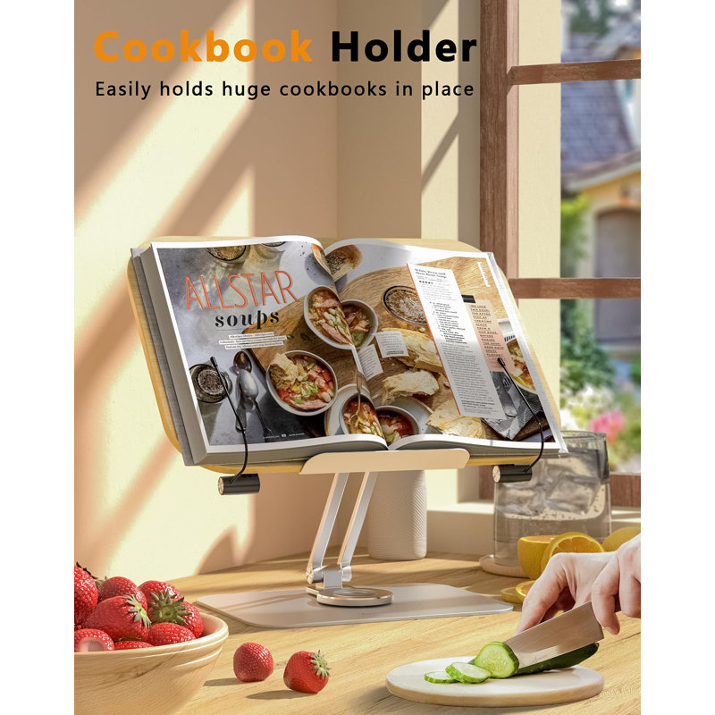 Book Stand For Reading, Adjustable Holder With 360° Rotating Base & Page Clips, Foldable Desktop Ricer For Cookbook,Sheet Music,Laptop,Recipe,Textbook,Hands Free,Wood,Aluminium