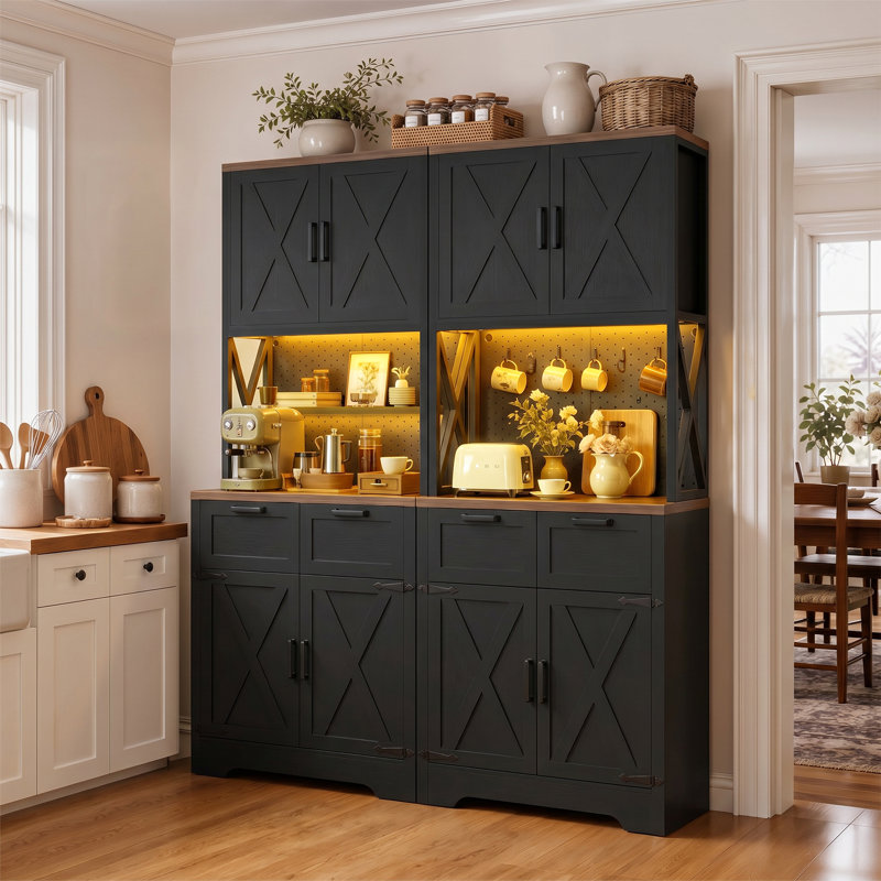  Armoire de cuisine de 71 po de hauteur avec comptoir pour micro-ondes (ensemble de 2), Noir / brun