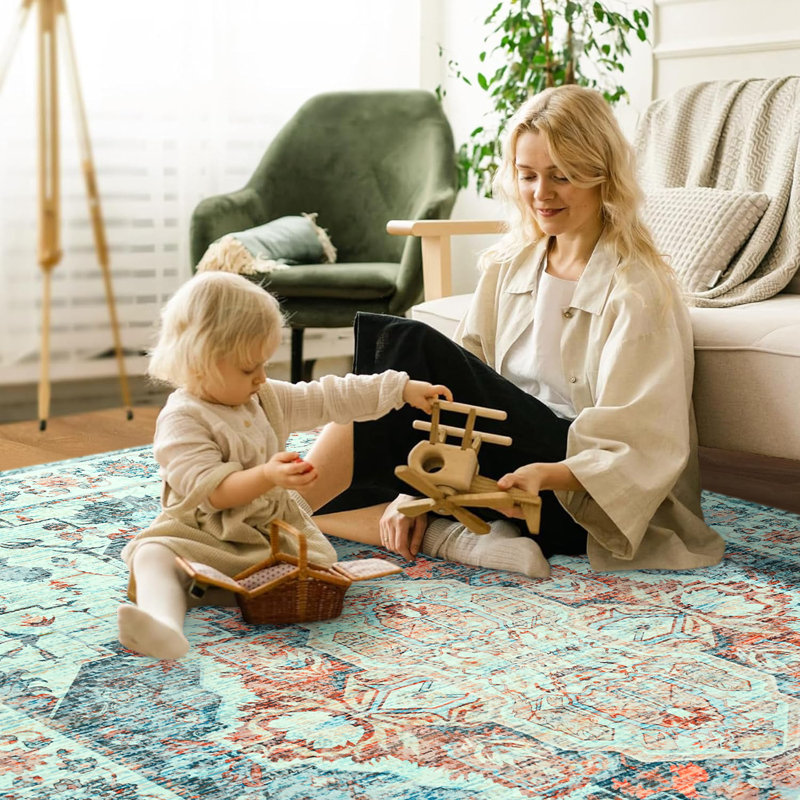 Straub Large Tranditional Rugs Living Room Rug Washable Bedroom Rug Non-Slip Colorful Vintage Accent Floor Carpet For Home DecorBlue