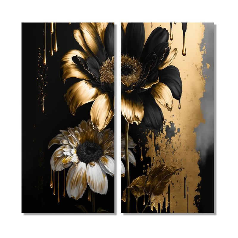 «Black and Gold Daisy II» - art mural traditionnel noir 2 pièces, H 40 po x l 40 po, Wrapped Canvas, Ne s’applique pas