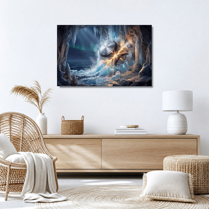 Sphère futuriste dans une grotte de glace avec aurores boréales - Toile murale, 24"H x 36"W