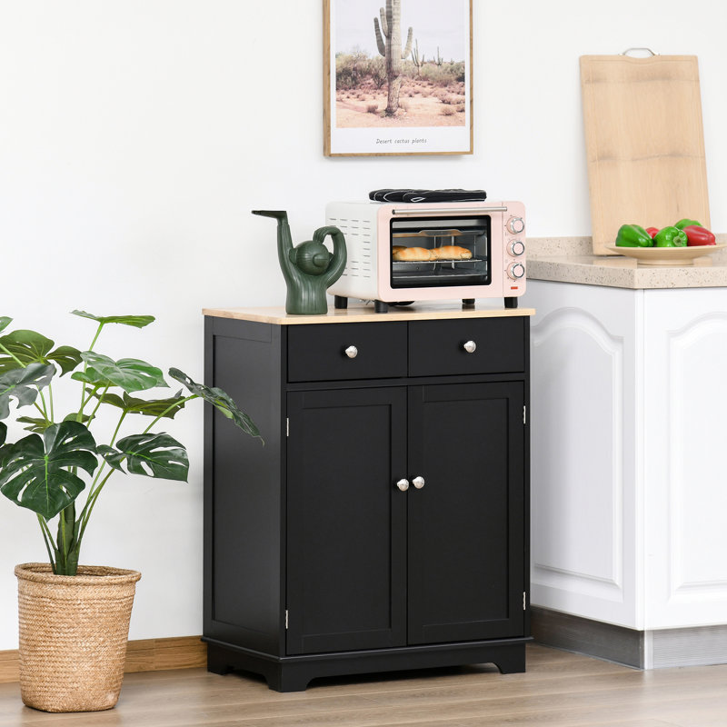 Buffet avec comptoir en bois massif - armoire noire pour un rangement efficace dans la maison. 2 tiroirs, tablette réglable, options polyvalentes et élégantes