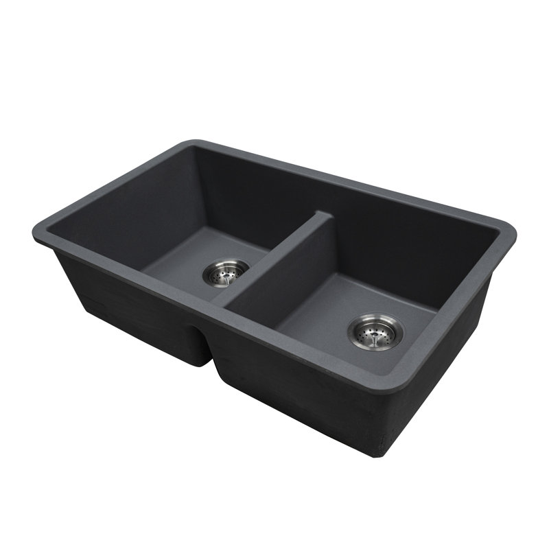 33 in. x 19 in. Quartz Undermount 50/50 Double Bowl Kitchen Sink, Gray