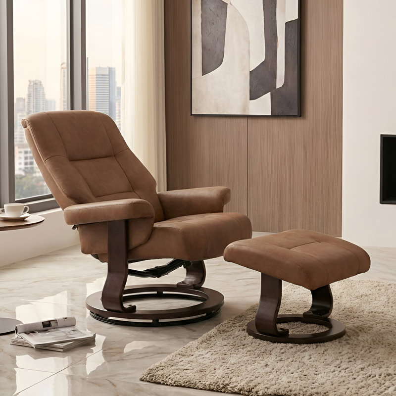 PU Swivel Recliner with Ottoman,Adjustable Reclining Chair with Solid Wood Base, for Office, Living, Brown