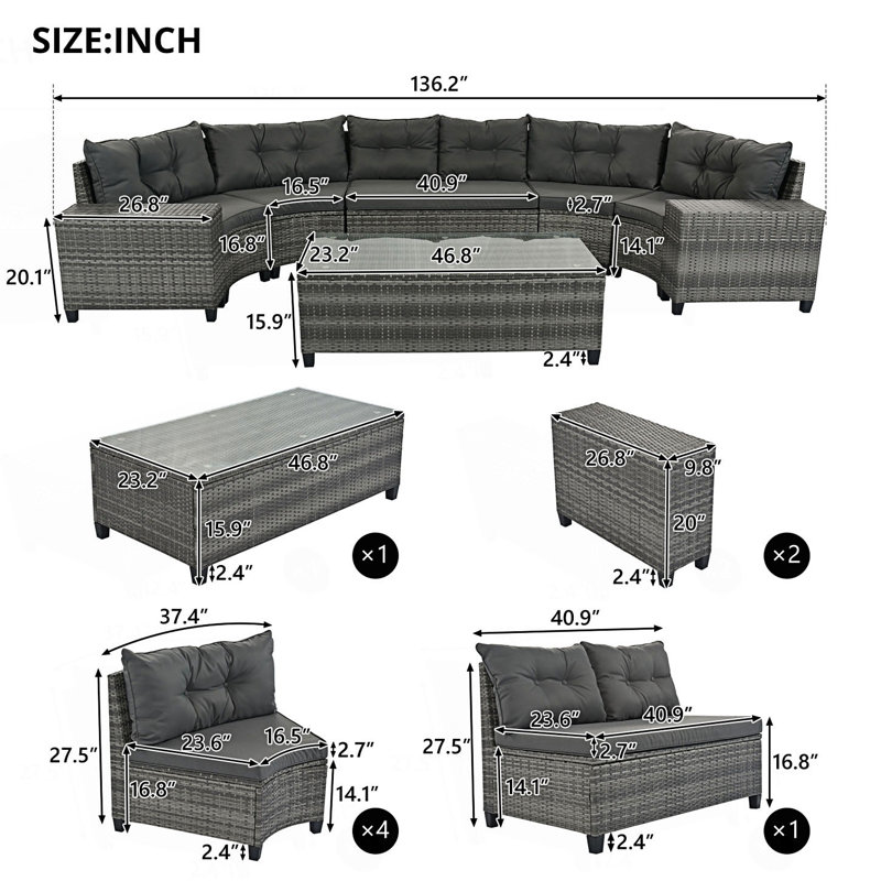 8-Pieces Outdoor Wicker Round Sofa Set, Half-Moon Sectional Setsr, Curved Sofa Set With Rectangular Coffee Table, Grey