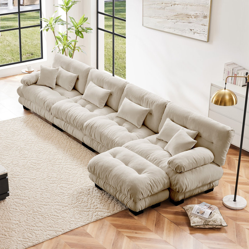 Chenille Cloud Couch 2 Seater Sofa with Ottoman, White, 35.4" H x 94.4" W x 36" D