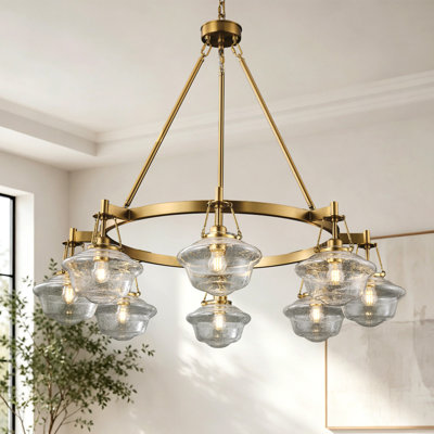 Lustre rond 8 lumières avec abat-jour en verre, plafonnier à chaîne réglable en cuivre pour salon, salle à manger et vestibule, ampoules DEL E26 incluses