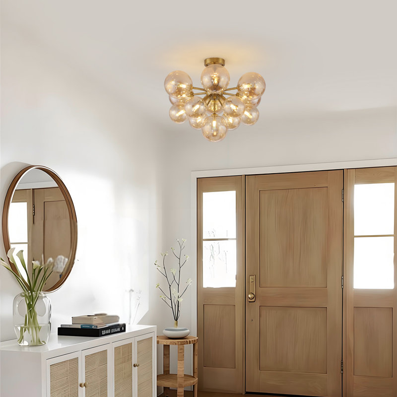 Modern 13-Light Brass Semi-Flush Mount Ceiling Light With Amber Glass Globes For Living Room, Amber, Brass