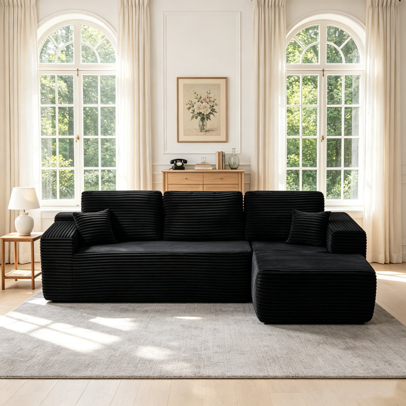 Canapé modulaire en forme de L avec méridienne Boneless Corduroy, Velours côtelé noir, Orienté à droite