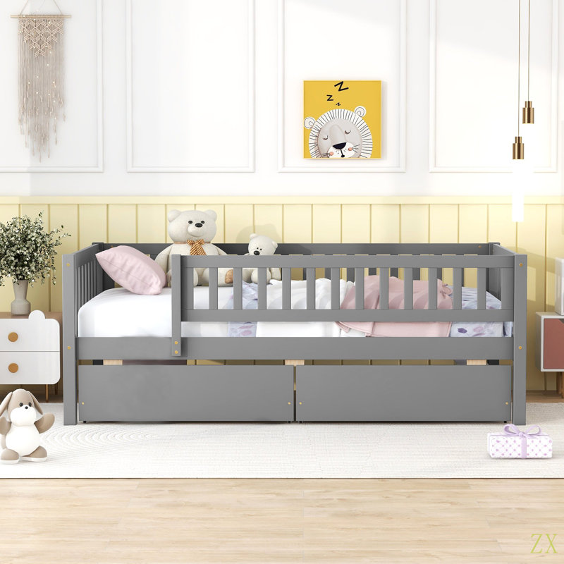Lit de jour simple en bois avec deux tiroirs, Gris