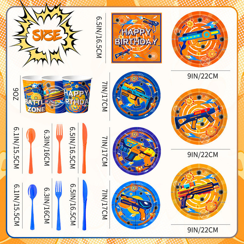 168 Pcs Dart War Birthday Party Tableware, 24 Guests Dart War Party Tableware Set