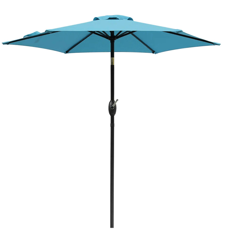 Parasol bleu de 2,3 m avec ventilation et toile, idéal pour la piscine, l'extérieur et le jardin. Ventilation inclinable par bouton-poussoir.