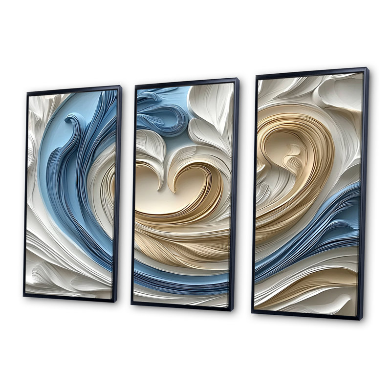 «White Spiraling Hearts Accented with Blue I», ensemble d'art mural spirales abstraites, H 28 po x l 36 po x P 1 po