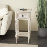 Rustic Farmhouse Wood Side Table With Drawer And Shelf, Pine And MDF Construction, Distressed White Finish
