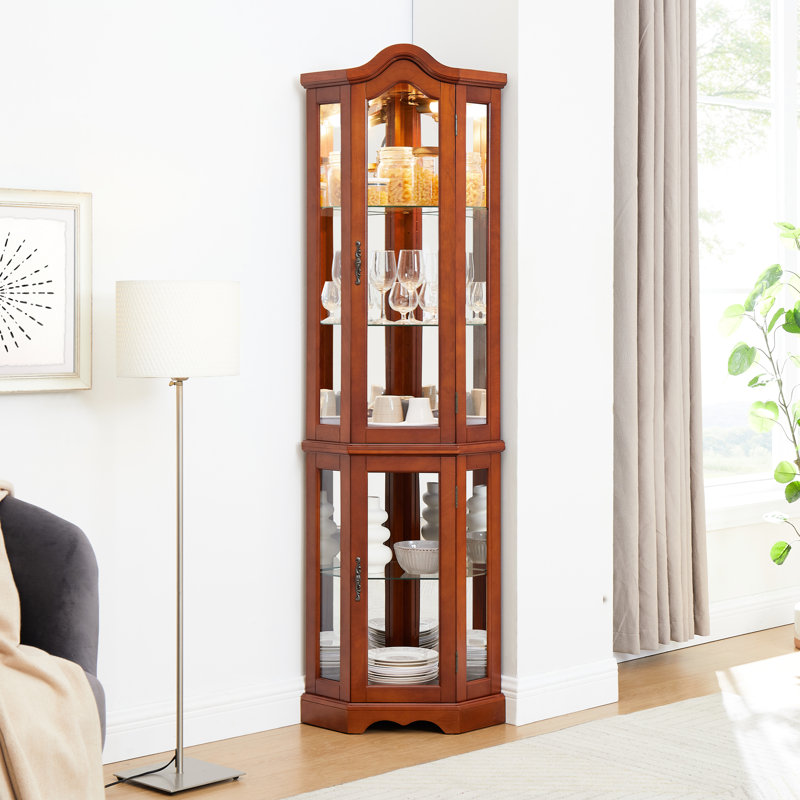 Vitrine de coin lumineuse - étagère lumineuse en noyer