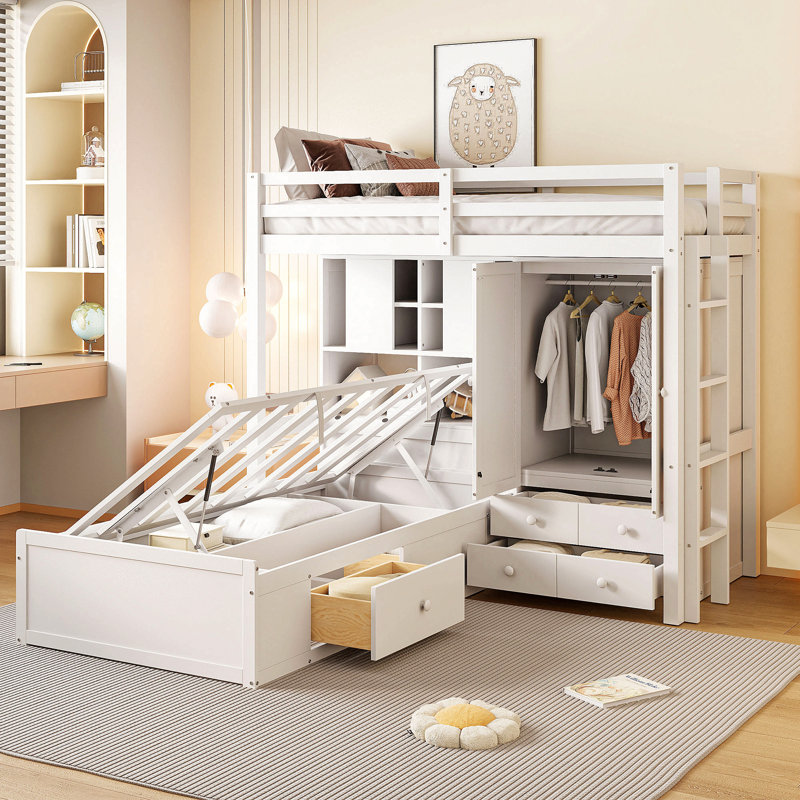 Lit superposé simple avec tiroirs, garde-robe, tablettes de rangement et lit hydraulique, blanc