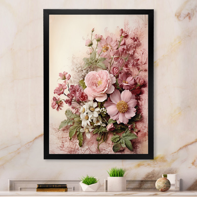Bouquet de roses roses en fleurs, Cadre photo noir simple, H 32 po x l 16 po x P 1 po
