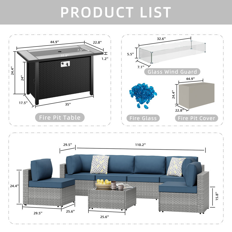 Ensemble de sièges de patio extérieur pour 6 personnes avec coussins, Marine, Argent