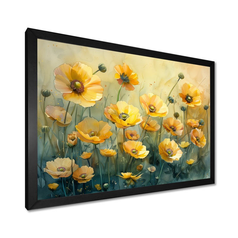 Décoration murale jaune avec bouton d'or jaune et brise de fleur III - Buttercups, Toile encadrée noire simple