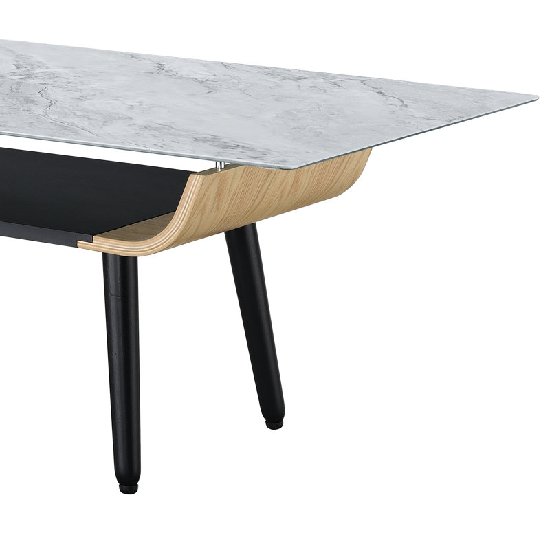 Table basse l 47 po avec plateau en verre marbré et bois cintré