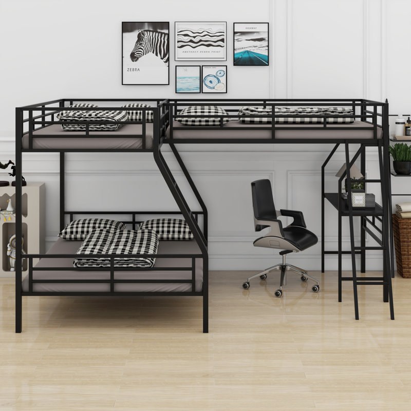Lit superposé en métal avec lit mezzanine attaché et bureau