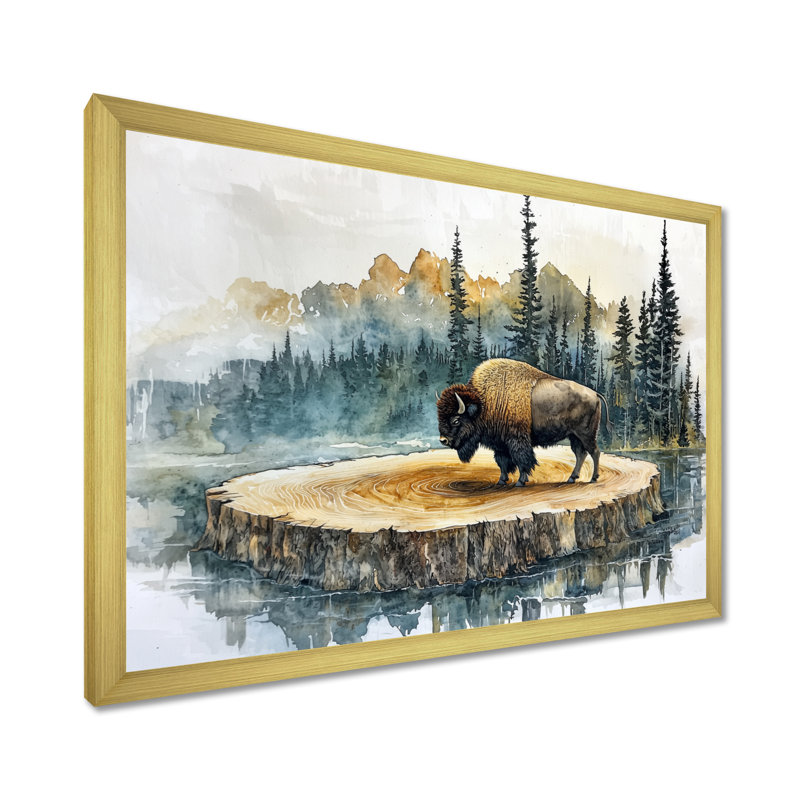 Bison américain dans un paysage d'été I - Bison, art mural, H 12 po x l 20 po, Cadre simple, Doré