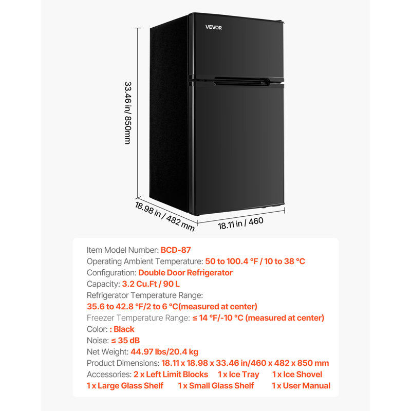 Mini Fridge with Freezer 3.2 Cu.Ft Two Door Compact Refrigerator Black