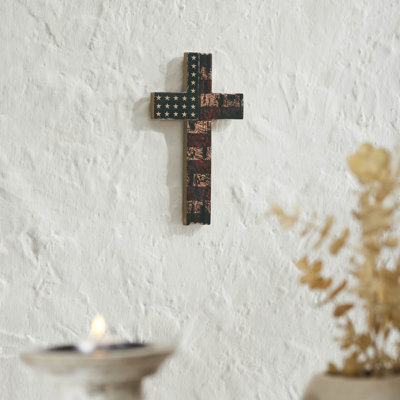 Higher Glory American Flag On Distressed Cross MDF Wall Sign 10x6