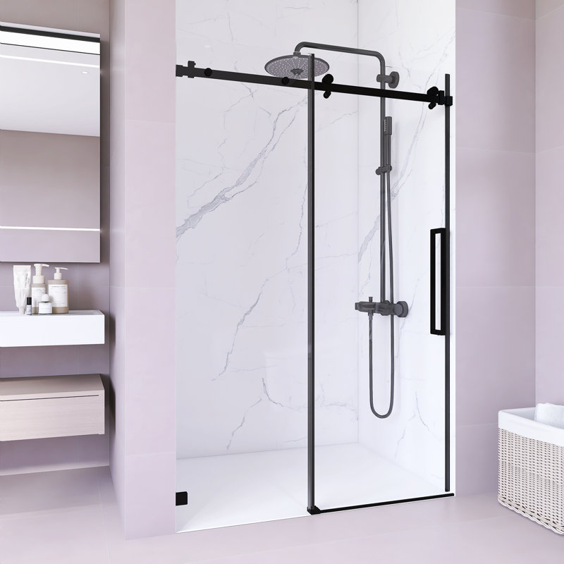 Porte de douche coulissante simple sans cadre de 44 po à l 48 po x H 72 po avec verre trempé transparent de 1/4 po (6 mm) d'épaisseur, revêtement facile à nettoyer, quincaillerie en acier inoxydable