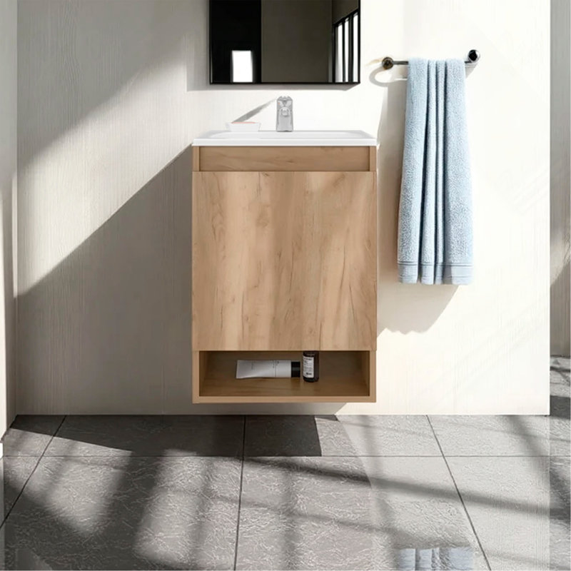 Meuble-lavabo mural flottant avec armoire à une porte et lavabo en résine compact