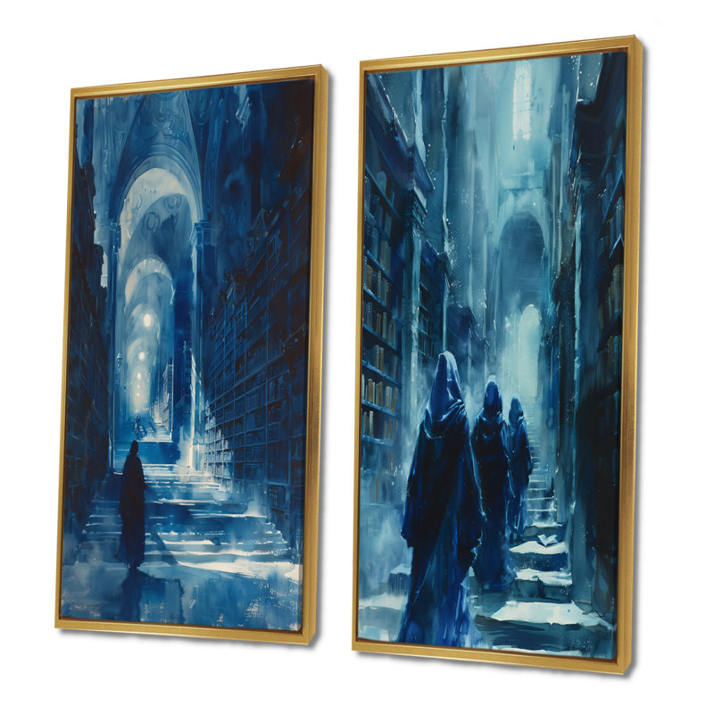«Blue Wizards Library Keepers I - Wizards Wall Art», ensemble de 2 pièces, H 40 po x l 40 po, Impression encadrée, Doré