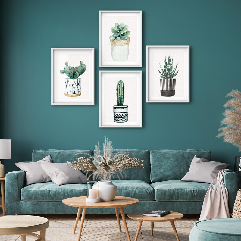 "Plantes succulentes et cactus en pot, aquarelle, œuvre d'art botanique, décor moderne et naturel", 4 pièces, Blanc