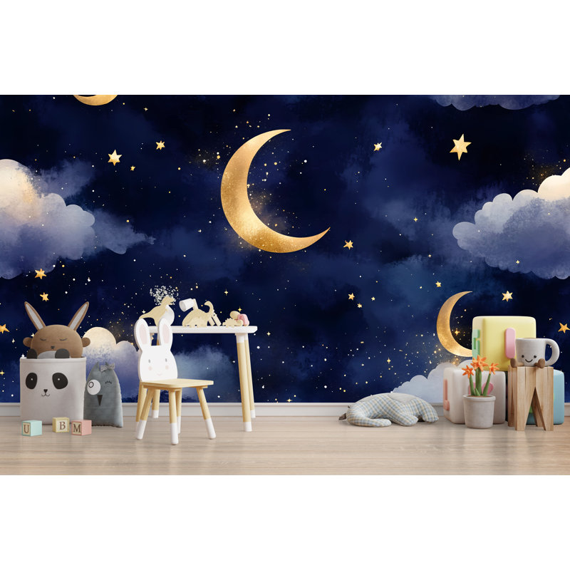 Papier peint lune avec étoiles et lune, L 165 po x l 120 po, Peler et coller