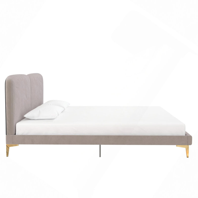 Lit de luxe en velours taupe, tête de lit rembourrée moelleuse, aucun sommier nécessaire, Métal / bois manufacturé, Taupe