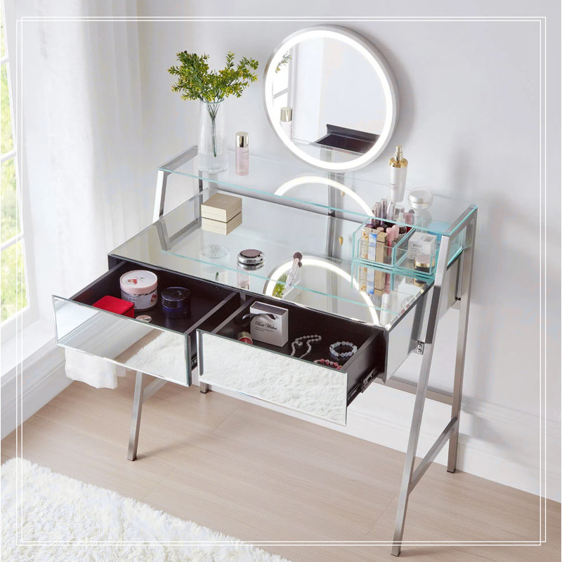 Chic Mirrored Makeup Vanity Desk with Storage and Charging Feature for Bedroom