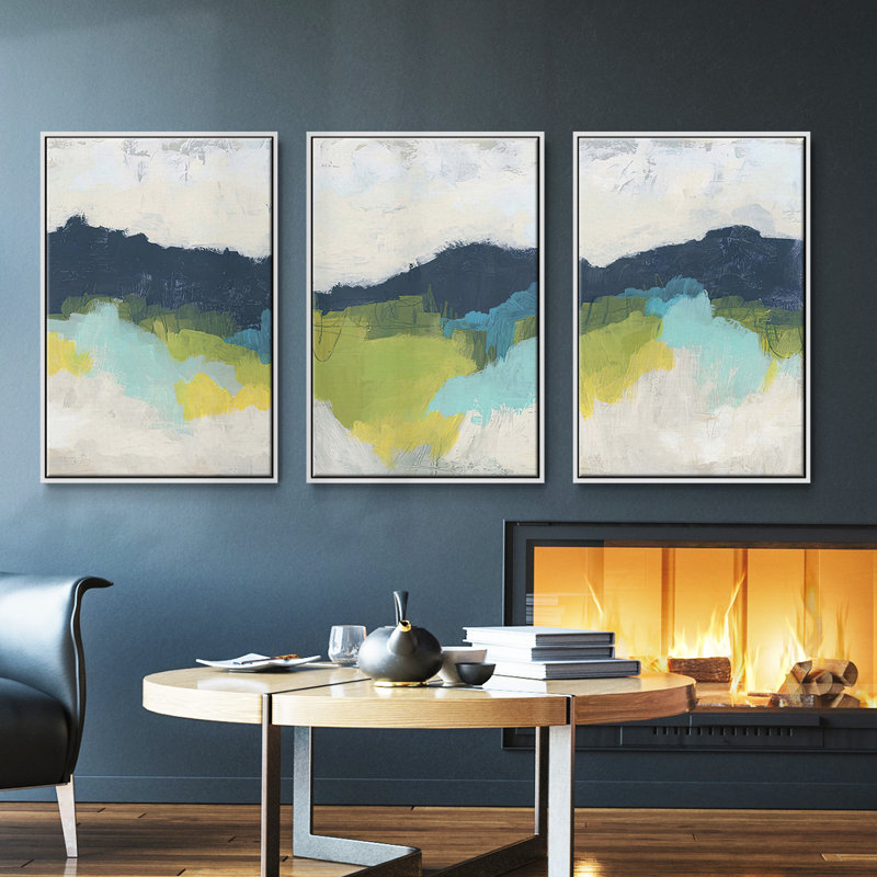«Mountains In The Mist I», ensemble de 3 toiles encadrées, H 36 po x l 72 po, Blanc
