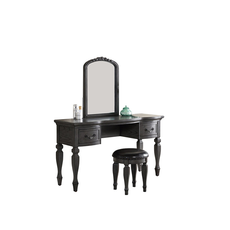 Luxury Bedroom Vanity With Black Wood Finish And Felt-lined Drawers - Stool Included In Antique Grey Wooden Nailhead Trim