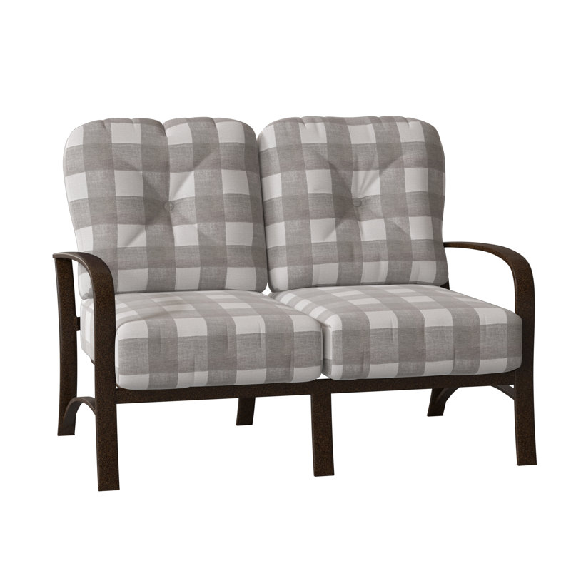 Fremont 51.5'' Wide Aluminum Loveseat with Cushions, Weathered White, Prescott Dove Check Sunbrella®