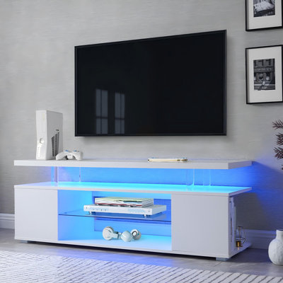 Meuble télé pour meuble télé 60 pouces avec console de jeu multimédia à DEL avec grande armoire latérale pour le salon (blanc) sur place
