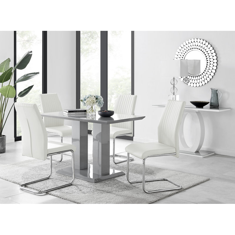 Edzard Double Pedestal High Gloss Dining Table Set with 4 Luxury Faux Leather Dining Chairs, White