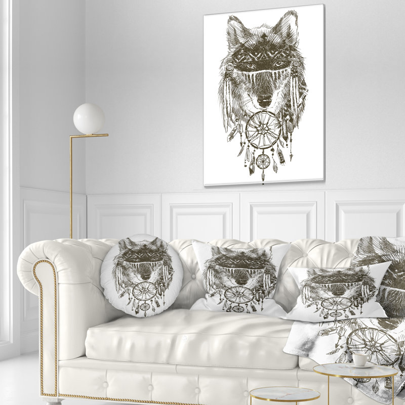 Coussin lombaire en aquarelle loup de warrior indien