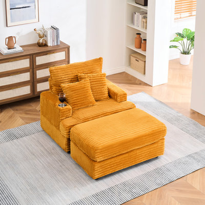 Fauteuil en velours côtelé et porte-gobelet pour lit 39 po. Revêtement, 2 coussins décoratifs, accoudoir carré confortable à assemblage facile, fonction inclinable, à installer