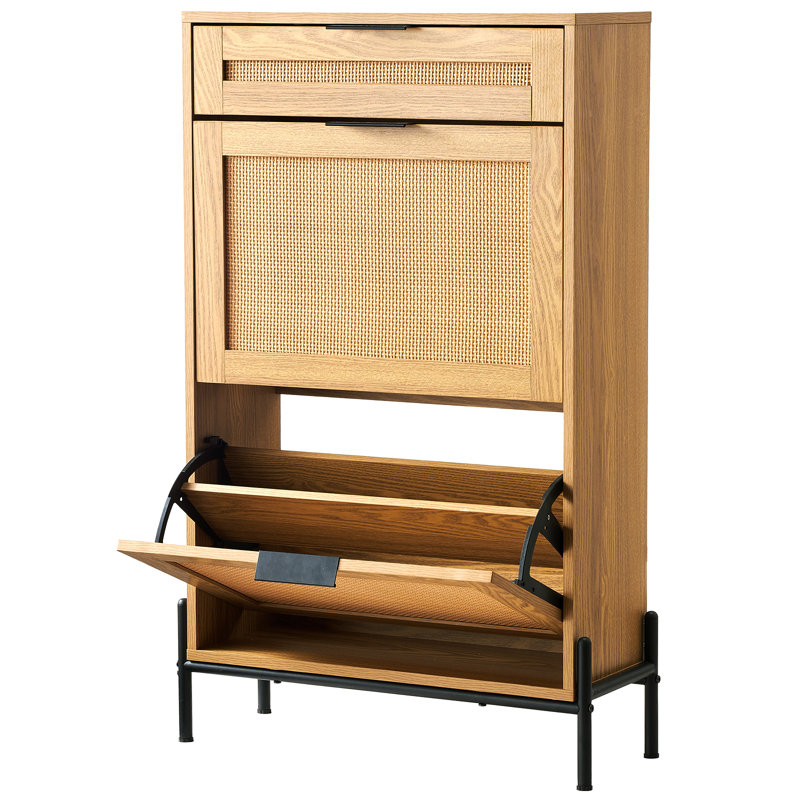 Rattan Shoe Cabinet, Narrow Shoe Storage Organizer with 2 Flip Rattan Drawers & 1 Slide Drawer, Beige Wood