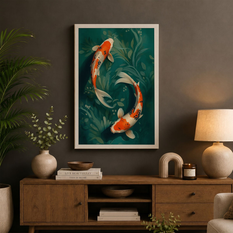 Koi in Teal Water Japandi 1 Piece Wrapped Canvas Wall Art, 24x16 - 61.0 x 40.6 cm, Ochre Border