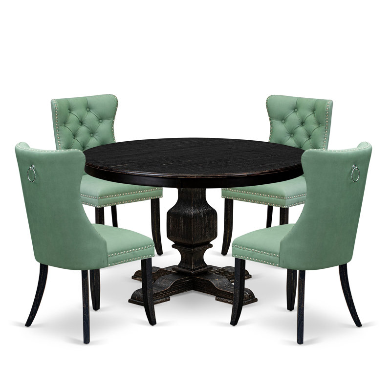 5 Piece Dining Set Contains a 48" Round Table with Pedestal and 4 Willow Green Polyester Fabric Upholstered Chairs, Sand Blasted Black