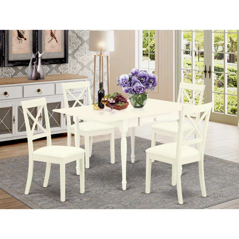 L'ensemble 5 pièces de table et chaises de cuisine comprend une table de salle à manger rectangulaire avec Dropleaf et 4 chaises rembourrées en similicuir, 36 x 54 pouces, lin blanc