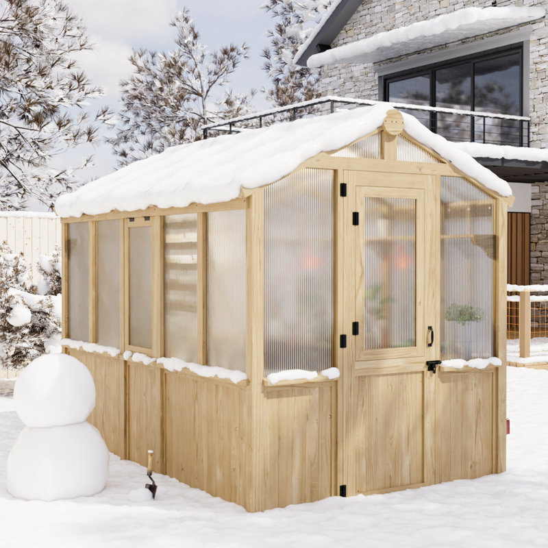 6.7'W x 9.6'D x 7.7’H Wooden Greenhouse,Cedar Wood and Polycarbonate Walk-In Outdoor Greenhouse 